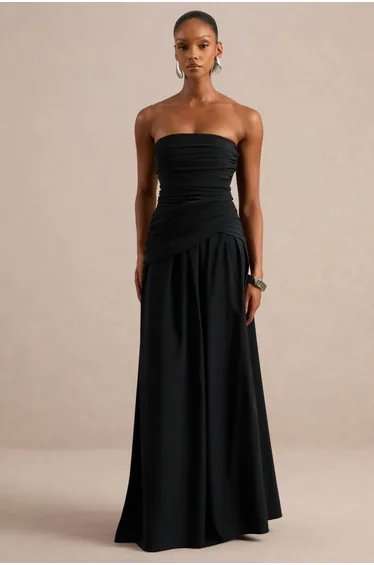 Alvilda | Black Satin Maxi Dress With Draped Detailing
