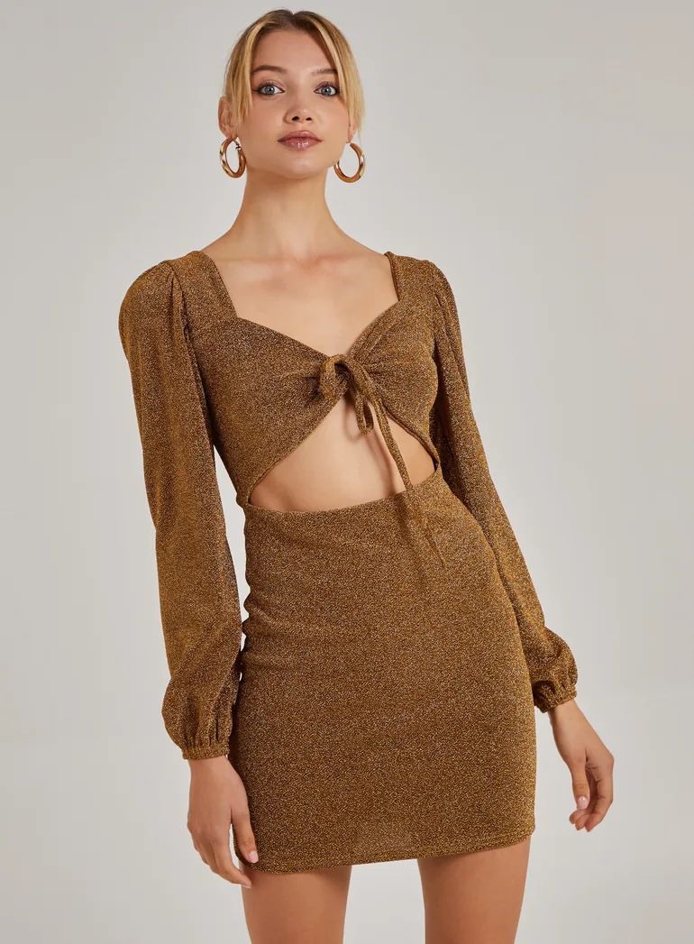 Shop Glitter Puff Sleeve Cut Out Dress Online in Oman