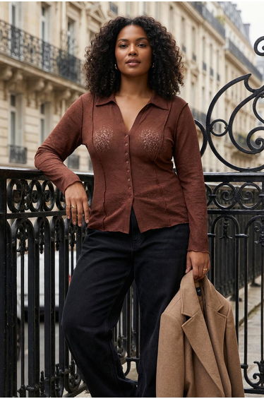 Brown polo neck buttoned foam knitted plus size blouse