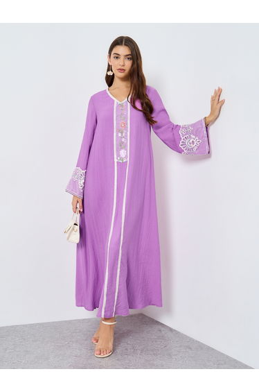 Textured Embroidery Lace Detail Long Sleeve Jalabiya