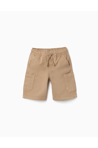 Long twill cargo shorts with drawstring for boys beige