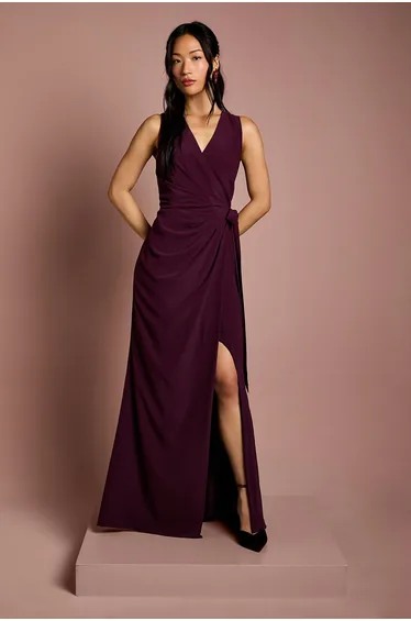 V Neck Wrap Detail Crepe Maxi Dress