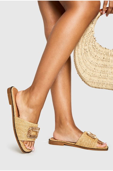 Raffia Embellished Buckle Sandals - natural