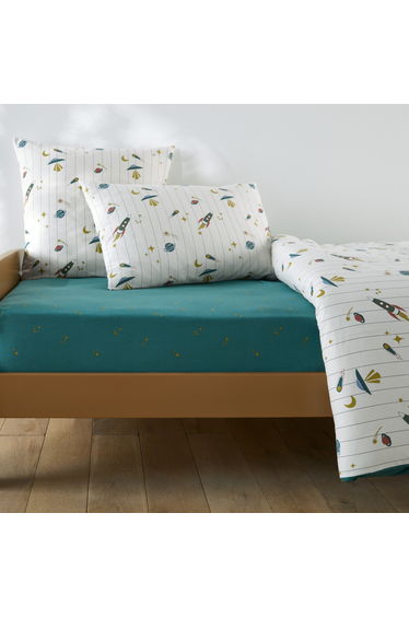 Egor Child's Flat Sheet in 30% Recycled Washed Cotton with 25cm Flap and Rockets Print