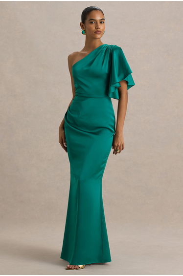 Unforgettable | Bottle Green Asymmetric-Neck Maxi Dress With Ruched Detailing