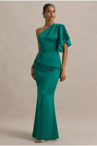 Unforgettable | Bottle Green Asymmetric-Neck Maxi Dress With Ruched Detailing