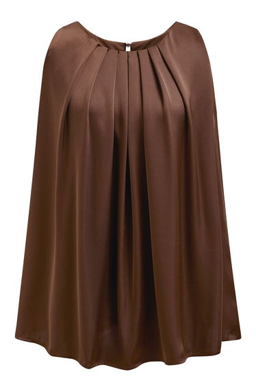 Pleated Feature Satin Sleeveless Top in Brown