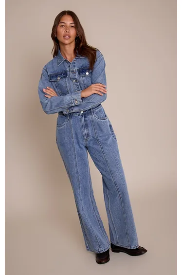 Mid Blue Contrast Stitch Long Sleeve Denim Jumpsuit
