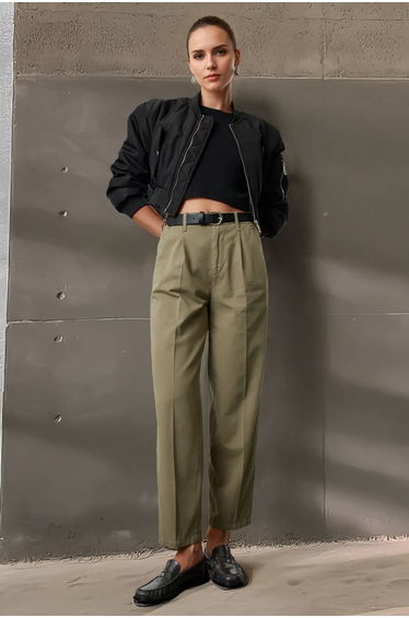 Khaki Belted High Waist Mom Jeans