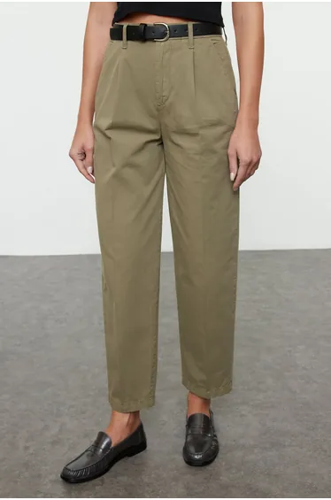 Khaki Belted High Waist Mom Jeans