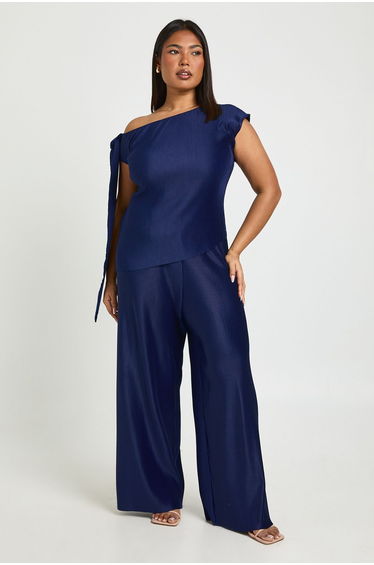Plus Tie Shoulder Asymmetric Hem and Wide Leg Trouser Co-ord - navy