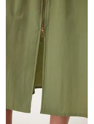 Women's Khaki Zippered Midi Poplin Dress - 3