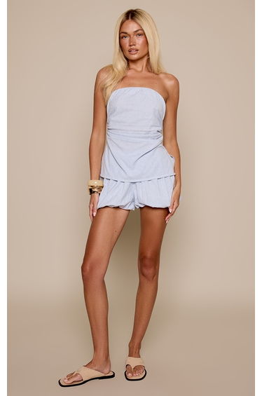 Blue Pinstripe Cotton Puffball Shorts