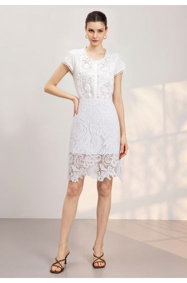 Ornate Floral Guipure Lace Overlay Pencil Skirt in White for Afternoon Tea & Wedding Guest Events