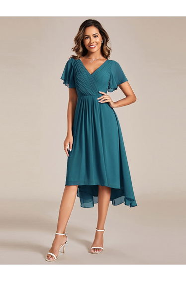 ever FAYE|Chic V Neck Asymmetrical Hem Ruffles Sleeve Pleated Chiffon Wedding Guest Dress
