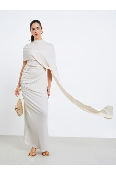 Women Beige Irregular Shawl Maxi Dress