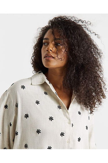 Natural Linen Blend Embroidered Shirt