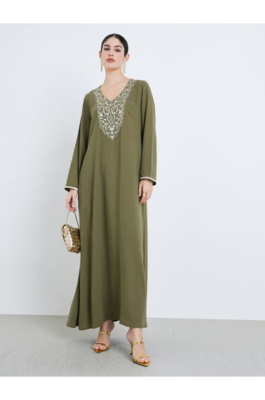 Women Olive Green Embroidered Jalabiya