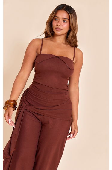 Shape Chocolate Linen Look Fold Over Detail Top