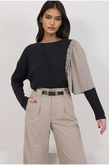Women's black crew neck shoulder Draped color Paneled knitted blouse