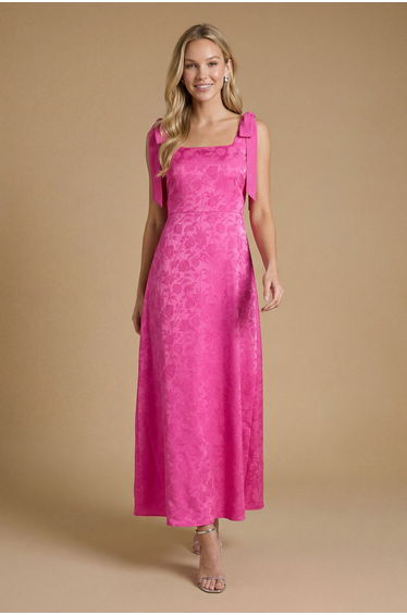 Petite Bright Pink Square Neck Chiffon Tie Shoulder Satin Jacquard Bridesmaid Maxi Dress