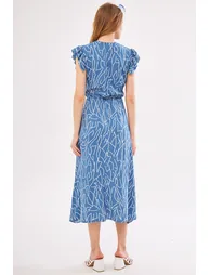 Women's Indigo Miden Dress Double Breasted Collar Ruffle Detailed Shoulder Elastic Waist Midi Length ARM-24Y001020 - 5