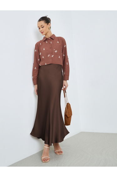 Brown Floral Embroidered Long Sleeve Shirt