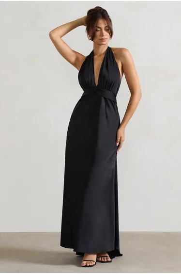 Carolyn | Black Satin Plunge Floor Dress With Dipped Hem