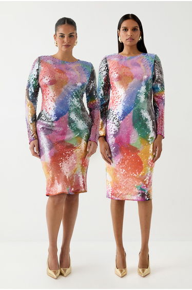 Ashish Sequin Brushwork Print Crew Neck Dress