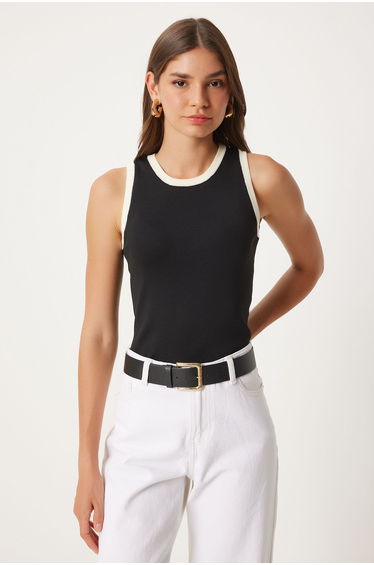 Women's Black Contrast Striped Knit Blouse