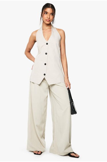 Floaty Pleated Wide Leg Tailored Trouser - stone