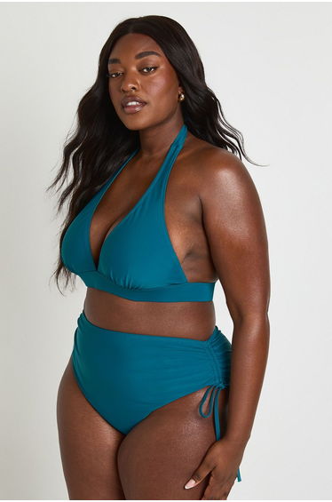 Plus Tummy Control Ruched High Waist Bikini Bottom - teal
