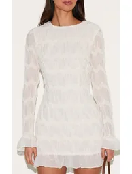 Almond Textured Long Sleeve Boat Neck Mini Dress - 3