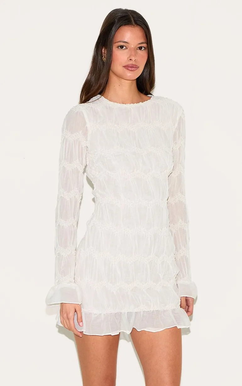 Almond Textured Long Sleeve Boat Neck Mini Dress - 5