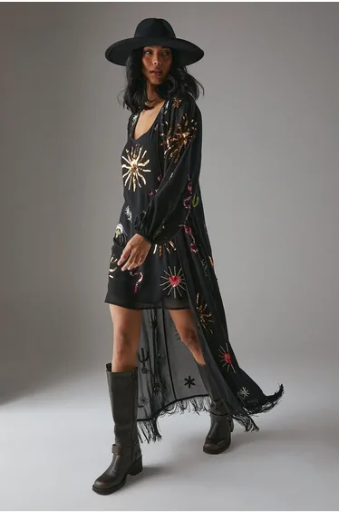 Hand Embellished Sequin Cactus Fringe Hem Kimono