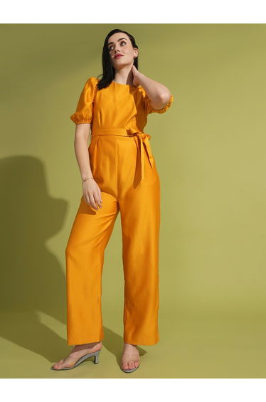 Solid Round Neck Puff Sleeve Waist Tie-Up Jumpsuit
