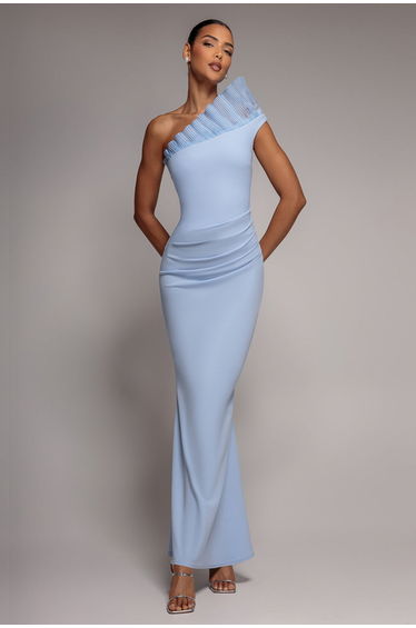One Shoulder Organza Frill Pleated Mermaid Maxi Dress - Powder Blue by Goddiva