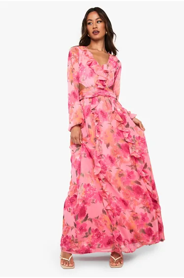 Tall Floral Chiffon Volume Sleeve Maxi dress - pink