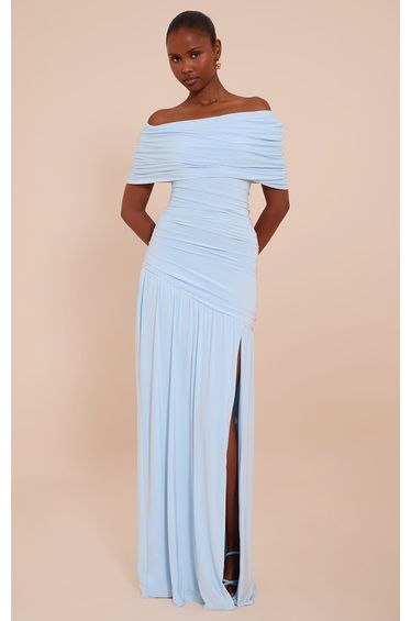 Blue Double Layer Slinky Bardot One Shoulder Ruched Maxi Dress