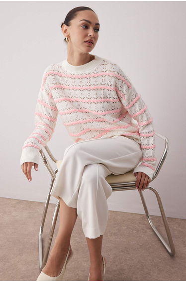Ecru Striped Soft Textured Openwork/Hole Wide Pattern Knitwear Sweater
