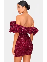 Tall Burgundy Velvet Sequin Extreme Ruffle Mini Dress - 2