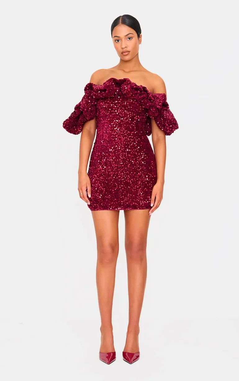 Tall Burgundy Velvet Sequin Extreme Ruffle Mini Dress