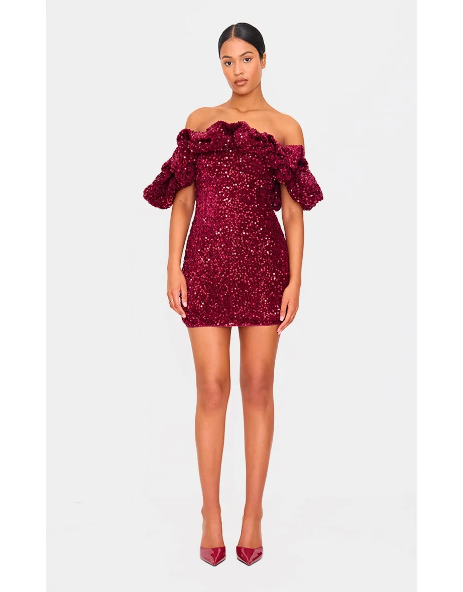 Tall Burgundy Velvet Sequin Extreme Ruffle Mini Dress Prettylittlething :  Dresses : VogaCloset Jordan