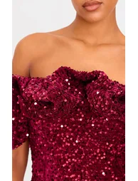 Tall Burgundy Velvet Sequin Extreme Ruffle Mini Dress - 3