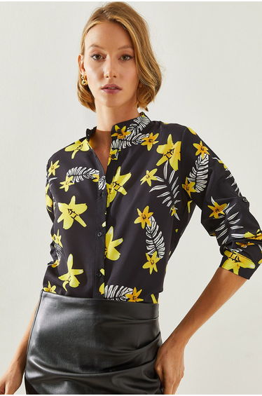 Women's Floral Patterned Long Sleeve Mandarin Collar Shirt