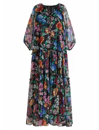 Midnight Floral Button Down Ruffle Chiffon Dress for Moonlit Dinners & Gallery Dates - 1