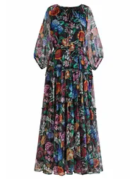 Midnight Floral Button Down Ruffle Chiffon Dress for Moonlit Dinners & Gallery Dates