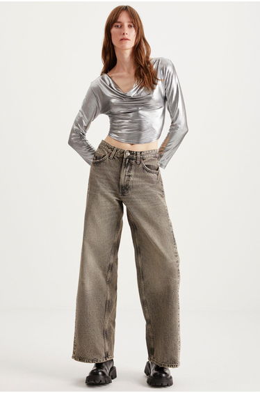 Arleen Women's Degaje Silver Coated Flexible Fabric Long Sleeve Crop Gray Bustier