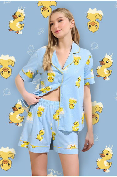 Blue 100% Cotton Duck Patterned Piping Shorts Knitted Pajama Set