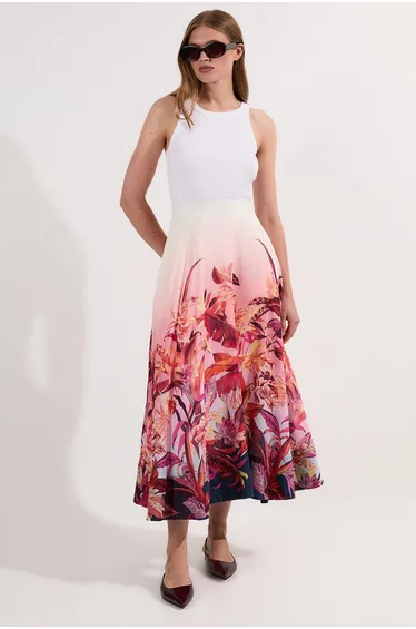 Tropical Floral Silk Cotton Woven Prom Skirt